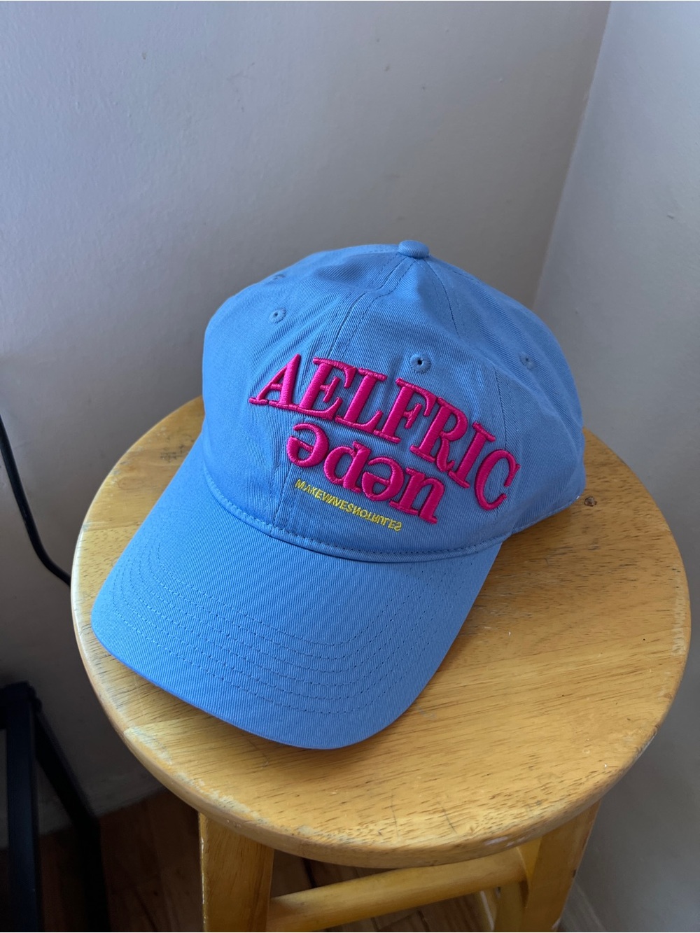 BNWT Aelfric Eden blue baseball cap with pink embroidered text #baseballcap